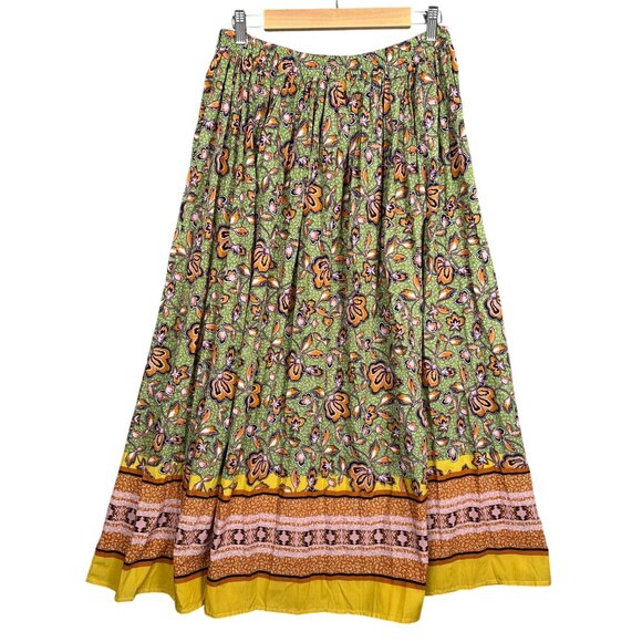 DR2 Daniel Rainn Floral Maxi Skirt Large Green Yellow Boho Cottage Elastic Waist - Picture 3 of 8